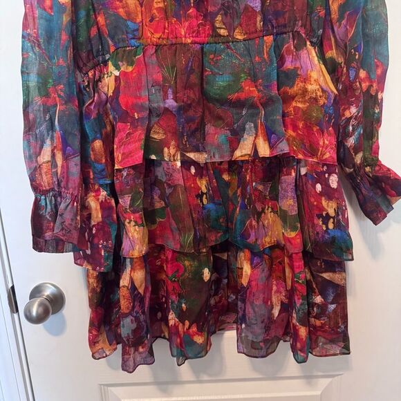 Marie Oliver Lotus Silk Linen Blend Tiered Ruffle Mini Una Dress NWT Size Large - Picture 3 of 11